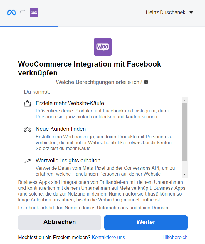 Screenshot: Integration Woocommerce Facebook starten