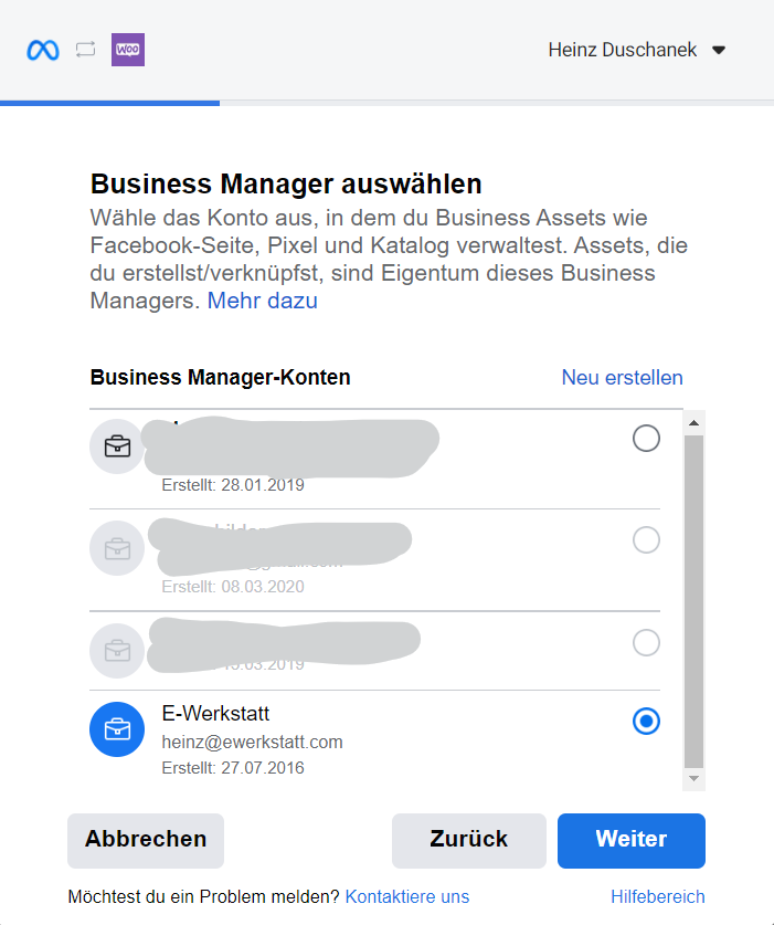 Screenshot: Business Manager verknüpfen