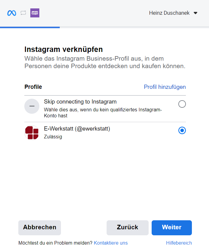 Screenshot: Instagram verknüpfen
