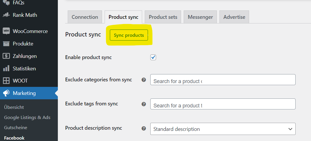 Screenshot: Sync Products