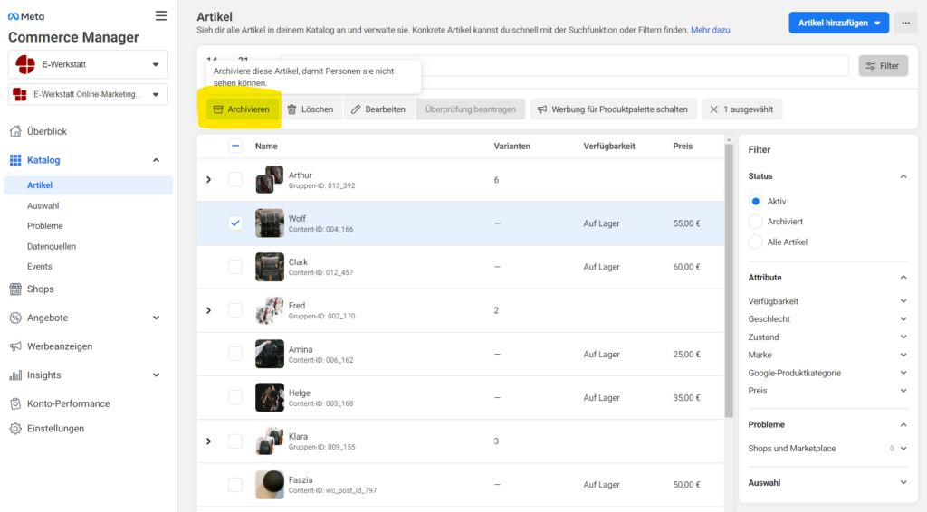Screenshot: Produkt im Facebook Produkt Katalog archivieren.