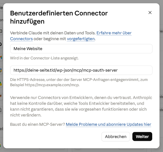 Benutzerdefinierter Connector bei Claude Desktop