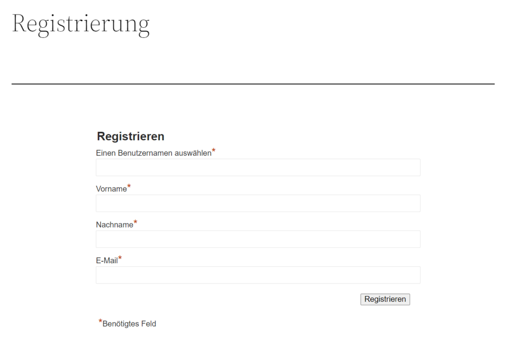 Neue Seite Registrierung