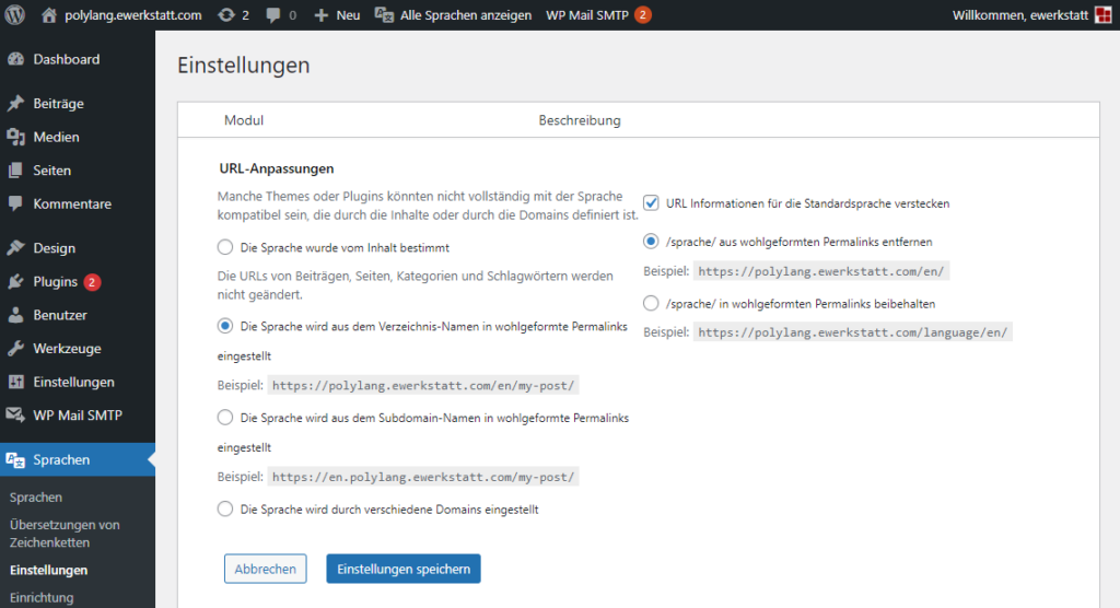 Polylang Einstellungen: URL-Anpassungen